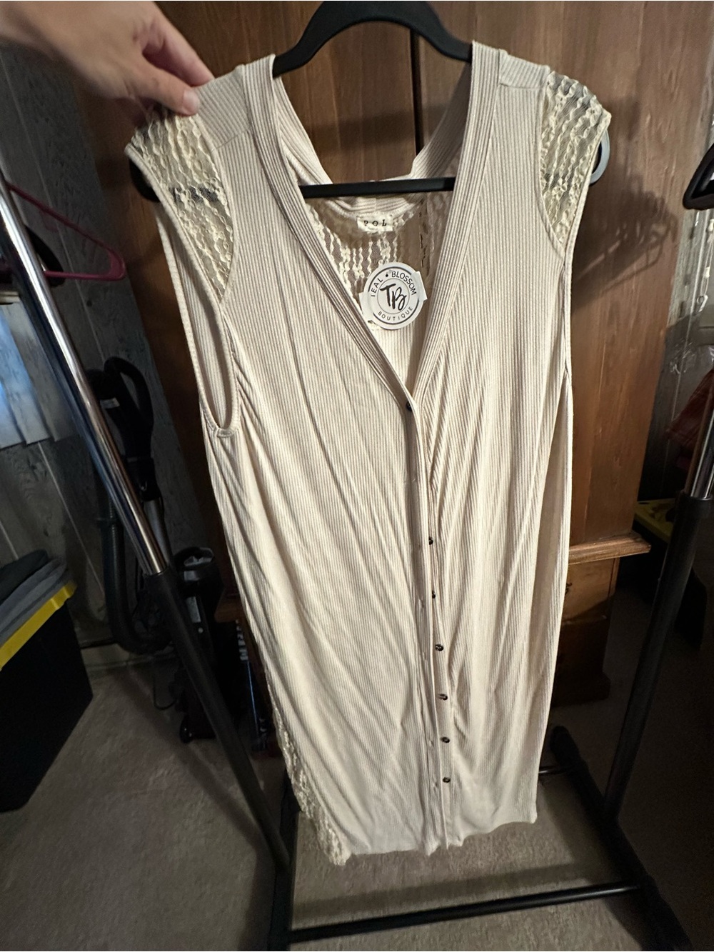 Ivory Button-Front Sleeveless Ribbed Dress with Lace Trim
